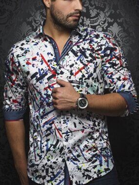 Au Noir Men's Shirt XL Ozzy White Navy Colorful Abstract Pattern Unique Rare